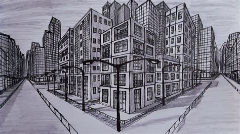 Exemple de dessin de gros volumes d'un décor urbain avec une grille de perspective