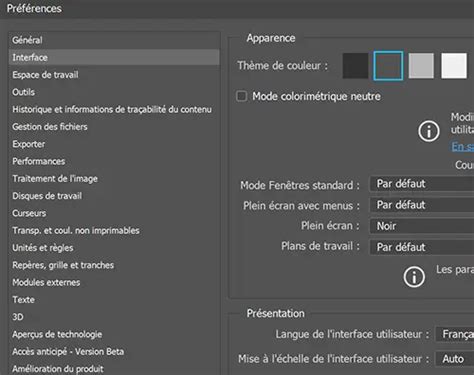 Capture d'écran de la fenêtre Préférences d'interface de Photoshop, mettant en évidence la case 