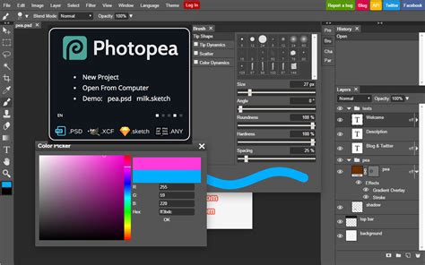 Interface de Photopea et de Photoshop comparées