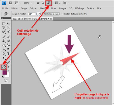 Exemple visuel dans GIMP montrant l'outil Rotation appliqué à une image découpée, avec une flèche indiquant le sens de rotation.