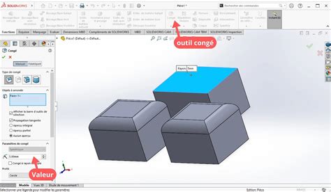 Exemple visuel d'un objet avant et après l'application de l'outil Congé sur ses arêtes