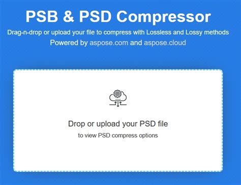 Interface d'un compresseur PSD en ligne avec une zone de dépôt de fichiers et des options de compression