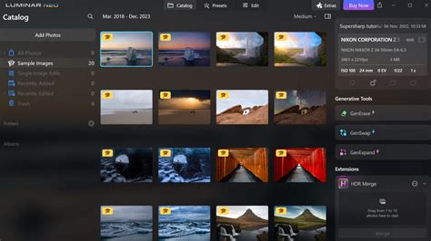 Capture d'écran montrant l'interface de Luminar 4 avec des options d'importation