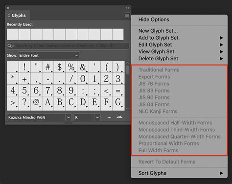 Interface du panneau Glyphes dans InDesign