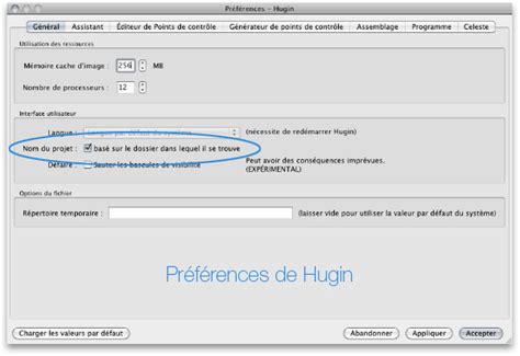 Capture d'écran de l'interface du logiciel Hugin démontrant ses fonctionnalités d'assemblage d'images.