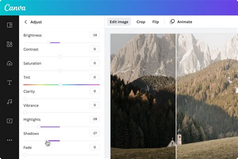 Interface de l'éditeur de photos de Canva, montrant les curseurs pour ajuster la luminosité, le contraste et la saturation