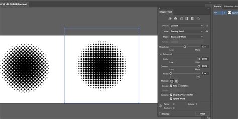 Illustration montrant l'application d'une trame halftone dans Adobe Illustrator avec des exemples de motifs de teintes du clair au foncé.