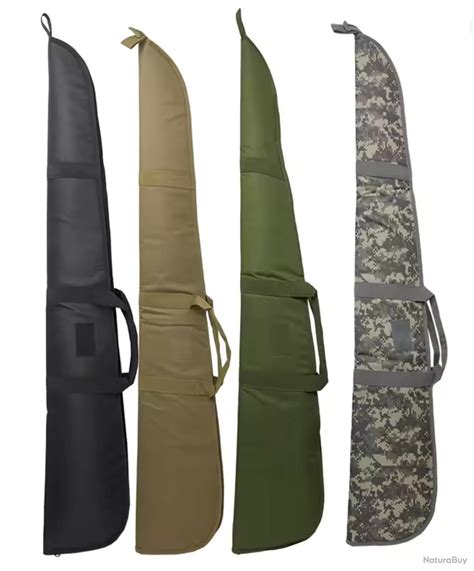 Illustration d'une gamme variée de housses, fourreaux et mallettes pour fusils, mettant en avant différents styles et matériaux.