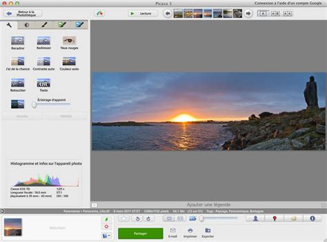 Capture d'écran montrant les différentes options de retouche d'image dans Picasa