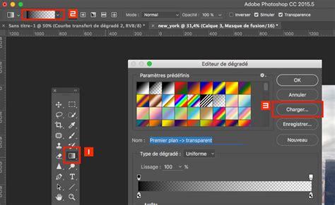Exemple d'une courbe de transfert de dégradé dans Photoshop avec des couleurs chaudes et froides définies.