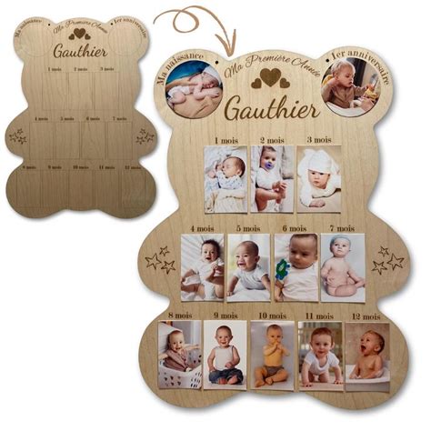Photo d'un cadre naissance ours en bois avec des emplacements pour 12 photos mensuelles.