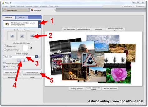 Interface de création de montage photo dans Picasa, montrant les différentes options disponibles.