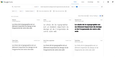 Capture d'écran du site Google Fonts avec plusieurs polices affichées