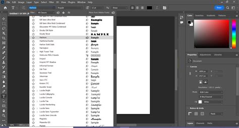 Vue du menu déroulant des polices dans Photoshop