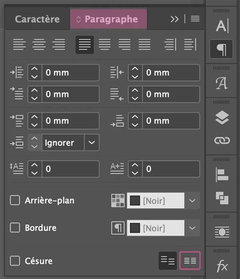 Interface du panneau Affectations dans InDesign, montrant les différents états des blocs