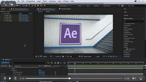 Une interface complexe et puissante d'Adobe After Effects, montrant des lignes de temps, des panneaux d'effets et une zone de composition 3D.