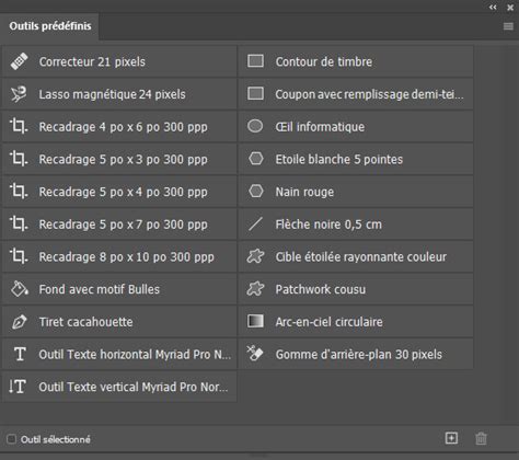 Interface de gestion des outils prédéfinis dans Photoshop