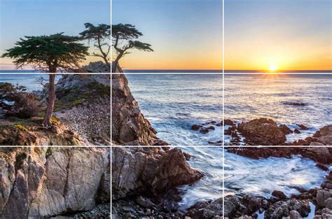 Exemple de composition d'un coucher de soleil utilisant la règle des tiers.
