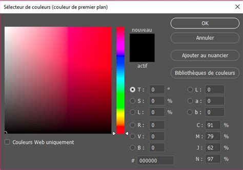 Sélecteur de couleur dans Photoshop, montrant l'application d'une couleur unie avec un code HEX.