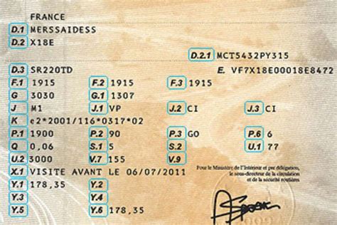 Photo d'une carte grise avec la section 