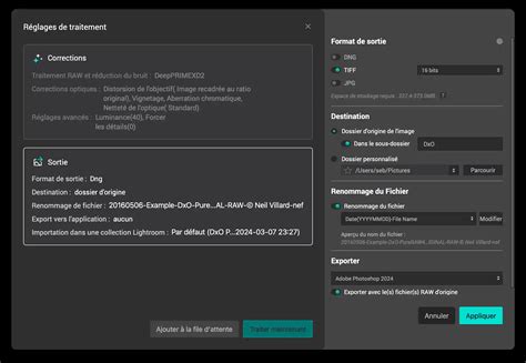 Schéma illustrant l'interface de DxO PureRAW montrant les différents outils de traitement et masques disponibles.