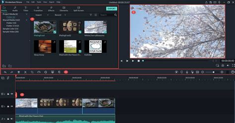 Interface de Wondershare Filmora avec une mise en page d'écran partagé sélectionnée.